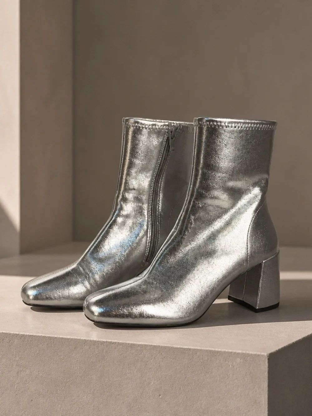 Metallic Silver Block Heel Ankle Boots - Women